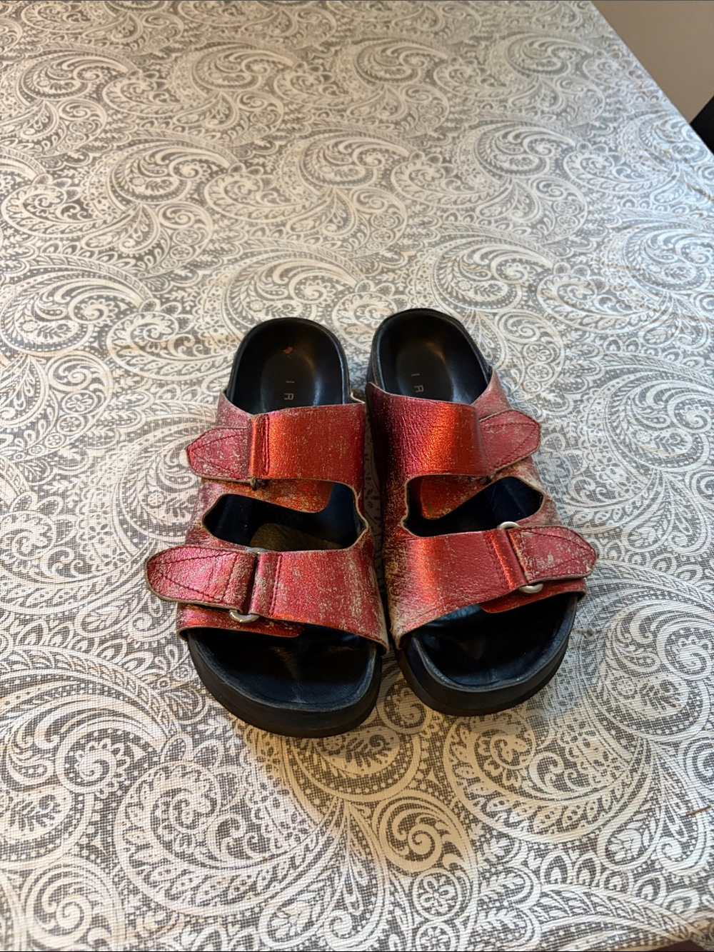 IRO Metallic Red Double-Strap Slide Sandals